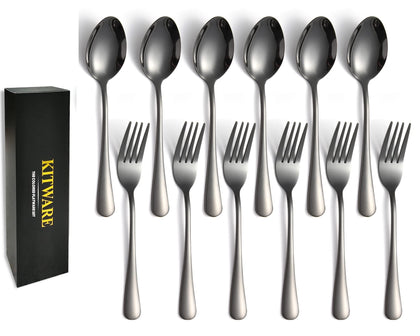 black Forks and Spoons, KITWARE 12-piece Silverware Set for 6, Color Flatware for Home Kitchen, Stainless Steel Cutlery Tableware for Outdoor, Camping, Picnic, BBQ