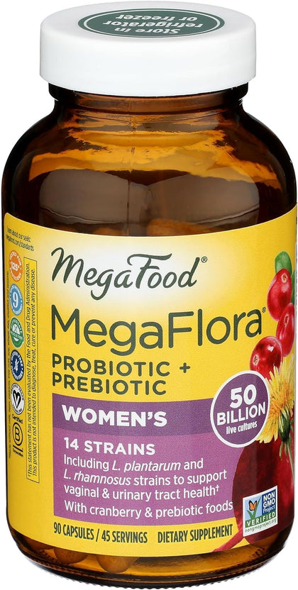 MegaFood MegaFlora Probiotics for Women + Prebiotics - Probiotic with 14 Strains & 50 Billion CFUs - with Cranberry - Vegan & Non-GMO - Made Without 9 Food Allergens - 90 Caps (45 Servings)