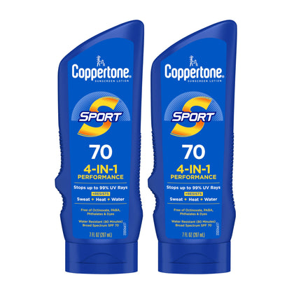 Coppertone SPORT Sunscreen SPF 70 Water Resistant Sunscreen Lotion, Broad Spectrum, Bulk Sunscreen Pack, 7 Fl Oz Bottle, Pack of 2