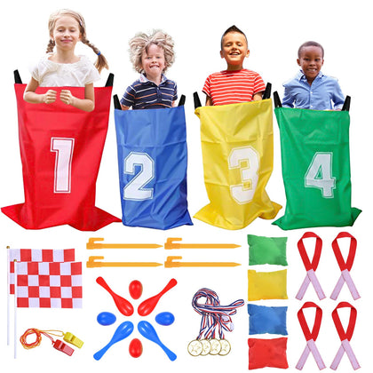 GOLDGE Outdoor Games for Kids 3-7, Potato Sack Race Bags, 3 Legged Race Bands, Yard games, Carnival Games for Kids Party, Camping Games, Egg Spoon Relay, Field Day Games, Easter Games Activities