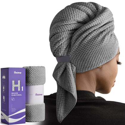 Umisleep Extra Large Microfiber Hair Towel for Women Long, Curly, Thick Hair, Super Soft Anti Frizz Quick Dry Hair Towel Wrap, Ultra Absorbent Hair Turban with Elastic Band Grey