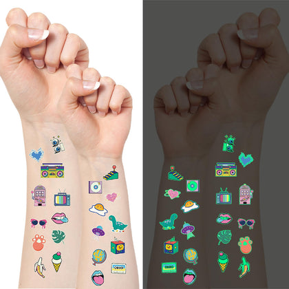 90s 80s Luminous Temporary Tattoos for Kids Teens Adults, Glow in the Dark Retro Party Supplies for Party Favors Disco Party Decorations School Prizes Carnival Christmas