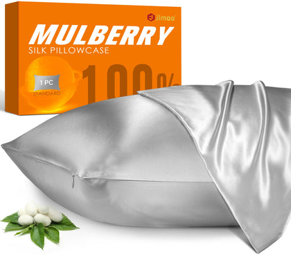 100% Mulberry Silk Pillowcase for Hair and Skin, 22 Momme Natural Silk Pillow Case with Zipper, Both Sided Pure Silk Pillow Cover Gifts for Women Mom Men(Silver Grey, Standard 20''×26'')