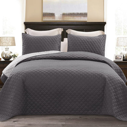 Exclusivo Mezcla Ultrasonic Reversible Full Queen Quilt Bedding Set with Pillow Shams, Lightweight Quilts Queen Size, Soft Bedspreads Bed Coverlets for All Seasons - (Grey, 90