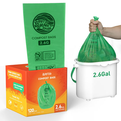 RAYTID Compostable trash Bags 2.6 Gallon Compost Bags for Kitchen Countertop Bin 1.3,2,3, Gallon, 120 Count,Small Kitchen Food Scrap Waste Bags,ASTM D6400, US BPI & Europe OK Compost Home Certified