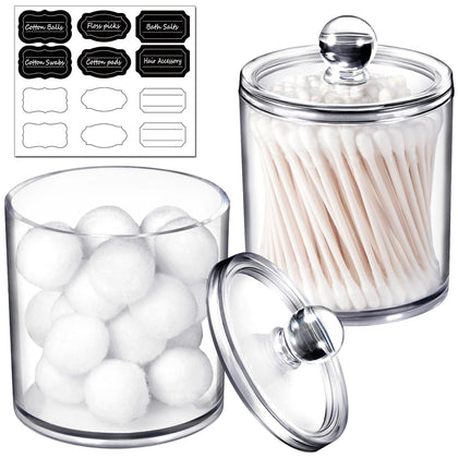 SheeChung 2 Pack of 12 Oz. Qtip Dispenser Apothecary Jars Bathroom with Labels - Qtip Holder Storage Canister Clear Plastic Acrylic Jar for Cotton Ball,Cotton Swab,Q-tips,Cotton Rounds (Small)