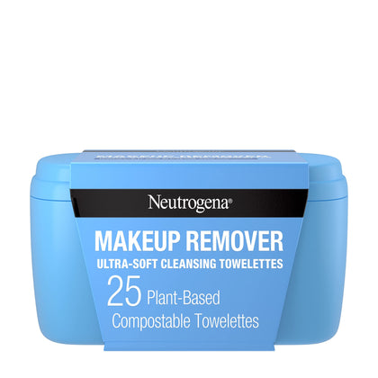 Neutrogena Makeup Remover Facial Cleansing Towelettes, Daily Face Wipes Remove Dirt, Oil, Sweat, Makeup & Waterproof Mascara, Gentle, Soap- & Alcohol-Free, 100% Plant-Based Cloth, 25 ct