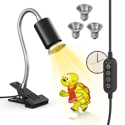 SILICAR Reptile Heat Lamp, Timing & Dimming UVB/UVA Basking Spot Lamp with Clip, Turtle Habitat Aquarium Basking Lamp for Reptile Turtle Lizard Snake-E27 50W 3 Bulbs Includes