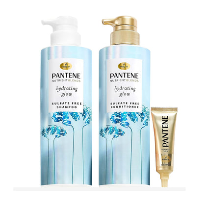 Pantene Nutrient Blends Hydrating Glow With Baobab Essence Sulfate-Free 14.8 oz Shampoo, 13.5 oz Conditioner, Intense Rescue Shot Treatment 0.5 oz for Dry Hair
