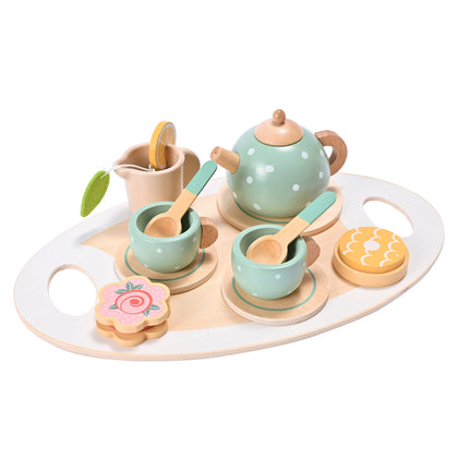 15pcs Wooden Tea Set for Little Girls, MONT PLEASANT Wooden Toys, Toddler Tea Set Play Kitchen Accessories Play Food playset for Kids Tea Party