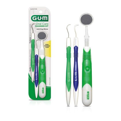 GUM Oral Care Dental Cleaning Kit, Dental Mirror with Light, Explorer Pick, and Dental Scaler, Professional Quality Stainless Steel Dental Tools, Easy-Grip Handle (Pack of 1)