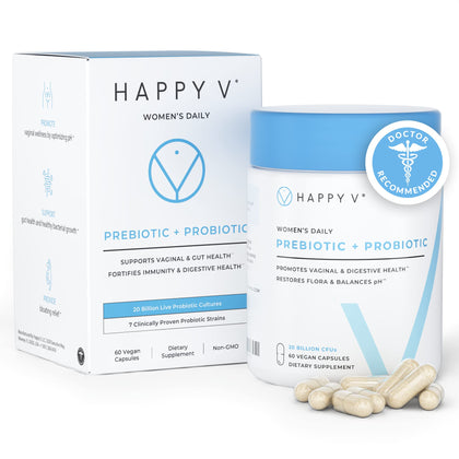 Happy v Dr. Formulated Vaginal Probiotics for Women, Clinically Proven Womens Probiotic for Vaginal Health & pH Balance Complex, Natural BV Treatment & Yeast Infection Prebiotics, 60 Vegan Capsules