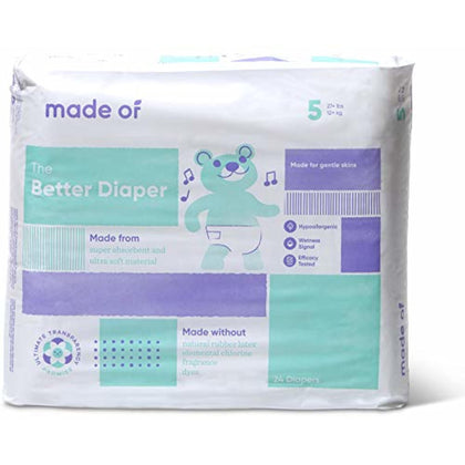 MADE OF The Better Baby Diapers - Hypoallergenic Diapers for Sensitive Skin, Unscented, 10 Hour Absorbency - Pediatrician and Dermatologist Tested - Size 5 (24 Count)