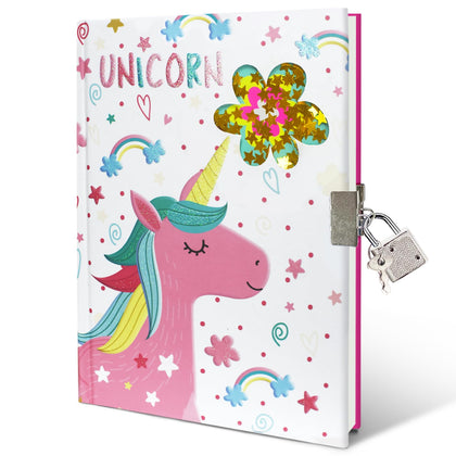 GINMLYDA Girls Diary with Lock for Kids, Unicorn Diaries 7.1x5.3 160 Pages Cute Girl Journal Secret Notebook with Lock and Key for Little Kid Writing Drawing Gift for Pre school Age 6,8,12