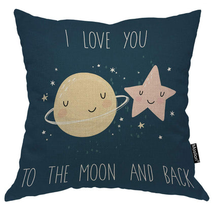 Moslion Star Decorative Pillow Case Cute Cartoon Stars Planets with Quote I Love You to The Moon and Back Throw Pillow Cover Square Accent Cotton Linen Home 18x18 Inch Blue