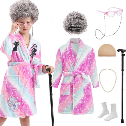 Z-Shop Old Lady Costume for Kids,100th Day of School Grandma Robe Outfit for 100 Days Gilrls,6