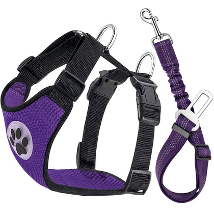 Lukovee Dog Safety Vest Harness with Seatbelt, Seat Belt Adjustable Pet Harnesses Double Breathable Mesh Fabric with Car Vehicle Connector Strap for Dog (Medium, Purple)