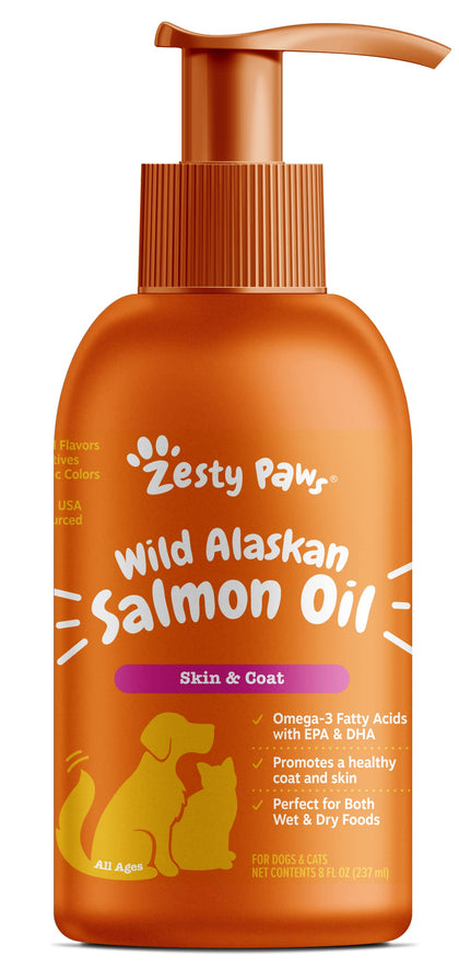 Wild Alaskan Salmon Oil for Dogs & Cats - Omega 3 Skin & Coat Support - Liquid Food Supplement for Pets - Natural EPA + DHA Fatty Acids for Joint Function, Immune & Heart Health 8oz - Pump Top