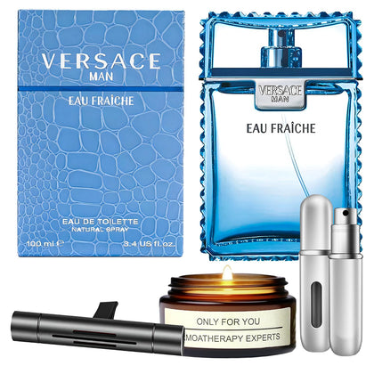 Eau Fraiche Cologne for Men 3.4 oz.EDT Spray - Gift Set Pack With Lavender Soy Candle, Car Air Fresheners, and Empty Travel Perfume Atomizer