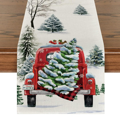 Artoid Mode Waterclor Snow Tree Truck Christmas Table Runner, Seasonal Winter Xmas Holiday Kitchen Dining Table Decoration for Indoor Outdoor Home Party Decor 13 x 72 Inch