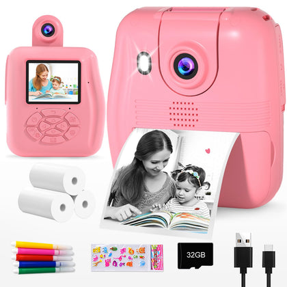 GKTZ Kids Camera Instant Print - 1080P HD 0 Ink Instant Print Photo - Christmas Birthday Gifts for Age 3-8 Girls Boys - Portable Toy with 3 Rolls Photo Paper, 5 Color Pens, 32GB Card - Pink