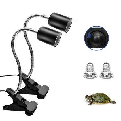 Reptile Heat Lamp, Basking Spot Lamp, 2 Pack UVA + UVB Full Spectrum Sun Lamp with 360°Rotatable Clips and Adjustable Switch for Turtle Lizard Snake Aquarium Chameleons Amphibians (Black, 50W Bulbs)