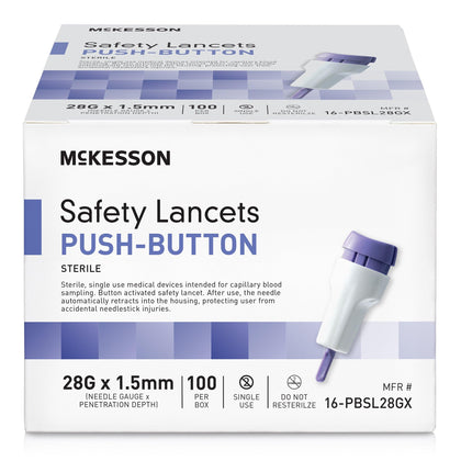McKesson Safety Lancet, Retractable, Push Button Activation - Ideal for Blood Testing - Sterile, Single Use, 28 Gauge, 1.5mm Depth, 100 Count, 1 Pack