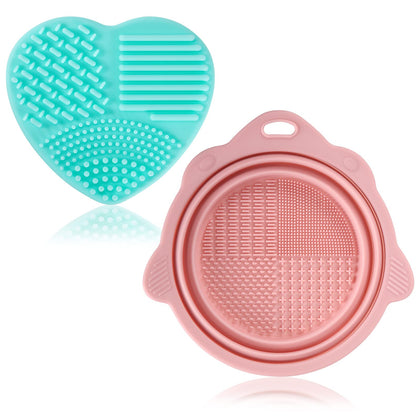 2pcs Makeup Brush Cleanser Mat, Silicone Makeup Brush Cleaner Pad And Bowl Srubber,Portable Washing Tools Easy To Clean The Makeup Brush,Powder Puff,Sponge