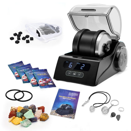 WinHand Rock Tumbler Kit for Adults and Kids - 2.5LB Capacity with Noise Reduction Cover, Speed & Timer Control, Includes 4 Polishing Grits, Rough Gemstones etc, Science Gift for All Ages. (black)