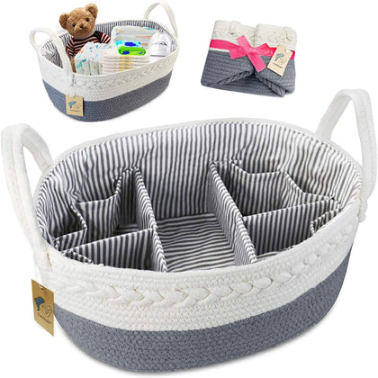Lzellah Baby Diaper Caddy Organizer - Extra Large Nappy Caddy Rope Nursery Storage Bin - Baby Basket with 8 Pockets, 5 Compartments and 2 Removable Dividers