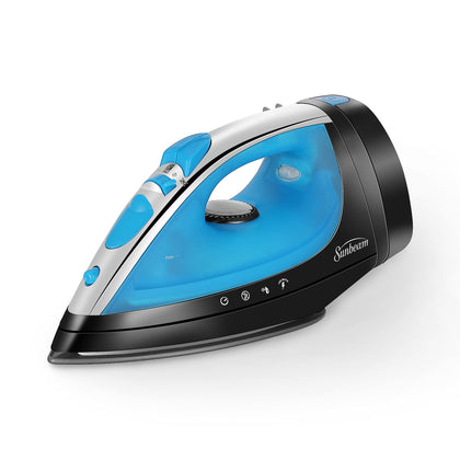 Sunbeam Steammaster Steam Iron, 1400 Watt, Large Anti-Drip Stainless Steel Nonstick Soleplate with 8' Retractable Cord, Horizontal or Vertical Shot of Steam and 3-Way Auto Shut-Off, Black/Blue