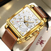 OLEVS Square Watches for Men Brown Leather Multifunctional Chronograph Fashion Business Dress Analog Quartz Wrist Watches Luminous Waterproof