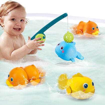 DWI Dowellin Bath Toys Magnetic Fishing Games Baby Bath Toys, Wind-up Swimming Fish Duck Whale Toys Floating Pool Bathtub Water Toys for Toddlers Kids Infant Age 18 Months and up Girl Boy