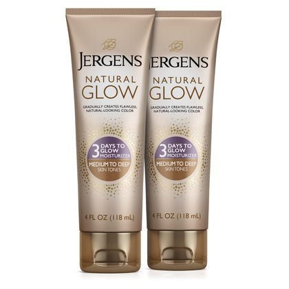 Jergens Natural Glow 3-Day Self Tanner Body Lotion, Sunless Tanning Moisturizer for Medium to Deep Skin Tone, for Streak-free Color, 4 Fl Oz (Pack of 2)