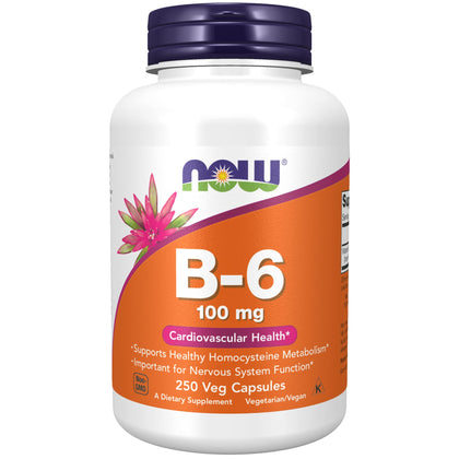 NOW Supplements, Vitamin B-6 (Pyridoxine HCl) 100 mg, Cardiovascular Health*, 250 Veg Capsules