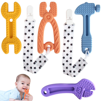 Fu Store 4 Pack Soft Silicone Teething Toys for Toddlers Infant Hammer Spanner Wrench Pliers Tools Shape Baby Teethers Relief Soothe Babies Gums Set (Hammer Set)
