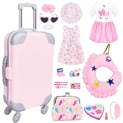 17Pcs 18 Inch Girl Doll Clothes and Accessories Doll Accessories Case Luggage Travel Play Set with Travel Pillow Camera Sunglasses for 18 Inch Dolls Travel Storage Gift for Girls
