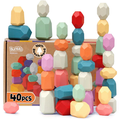 BUNMO Wooden Stacking Rocks 40pcs | Montessori Toys for 1 + Year Old | Stimulating Creative & Imaginative Play | One Year Old Baby Blocks Toy | Toys for 1 + 2 3 Year Old boy or Girl Toys Gifts