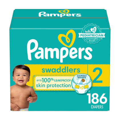 Pampers Swaddlers Diapers - Size 2, 186 Count, Ultra Soft Disposable Baby Diapers