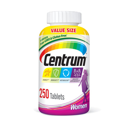 Centrum Multivitamin for Women, Multivitamin/Multimineral Supplement with Iron, Vitamin D3, B Vitamins and Antioxidant Vitamins C and E, Tablet, Gluten Free, Non-GMO Ingredients - 250 Count