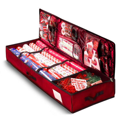 YKL Gift Wrap Organizer 42 Inch, 600d Oxford Fabric Christmas Wrapping Paper Storage Containers Bag w/Useful Pockets Fits Storing Rolls, Ribbons, Bows Red