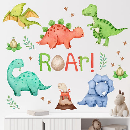 Mfault Watercolor Dinosaur Roar Wall Decals Stickers, Peel Stick Dino Stegosaurus Volcano Nursery Decorations Baby Boys Girls Bedroom Playroom Art, Neutral Tyrannosaurus Rex Kids Classroom Room Decor