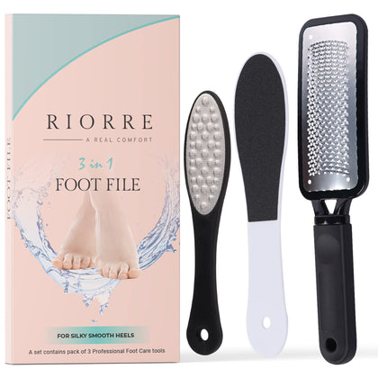 Riorre Professional Foot Scrubber for Hard Skin - Pack 3 Pedicure Foot File, Foot Scraper & Callus Remover for Feet Leaving Soft & Smooth Heels