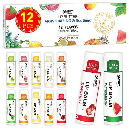 DMSKY 12-Pack Vitamin E Lip Balm in Bulk with Coconut Oil -100% Natural Ingredients- Lip Moisturizer Treatment - Moisturizing, Soothing, Chapped Lips. Assortment of 12 Flavors