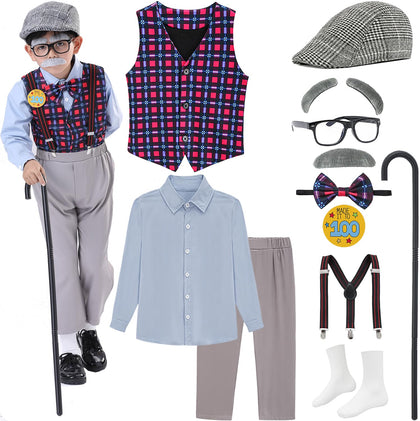 ZeroShop Old Man Costume for Kids, 100th Day of School Grandpa Old Person Dress Up Outfit for Boy -8