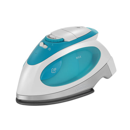 Sunbeam Travel Steam Iron, 1080 Watt, Dual Voltage 120/240, Compact Size, Portable, Non-Stick Soleplate, Soft Touch Handle, Horizontal or Vertical Use, Travel Bag, White and Teal