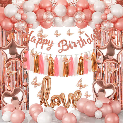 Rose Gold Birthday Party Decorations Set for Women Girls 73 Pieces, Happy Birthday Banner, Fringe Curtains, Butterfly Decor for Girls Women Party Decorations Supplies