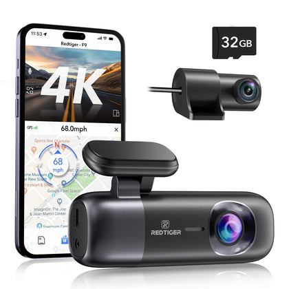 REDTIGER F9 Dash Cam 4K Front and Rear 1080P, WiFi GPS Car Camera with Free 32GB Card, Dual Dash Camera for Cars, Loop Recording, Night Vision, Parking Mode, Smart App Control, Support 256GB Max