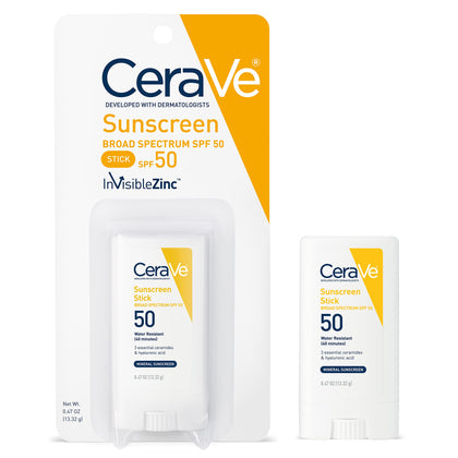 CeraVe Mineral Sunscreen Stick for Kids & Adults | 100% Sunscreen, Zinc Oxide Titanium Dioxide with Hyaluronic Acid and Ceramides Broad Spectrum SPF 50 Fragrance Free 0.47 Ounce