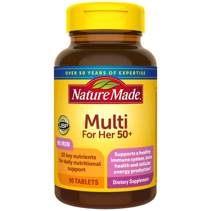 Nature Made Multivitamin For Her 50+ with No Iron, Womens Multivitamin for Daily Nutritional Support, Multivitamin for Women, 90 Tablets, 90 Day Supply